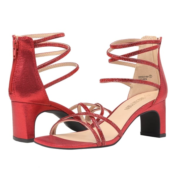 Rhinestone Chunky Pump Sandals - RED RHINESTONE - 4
